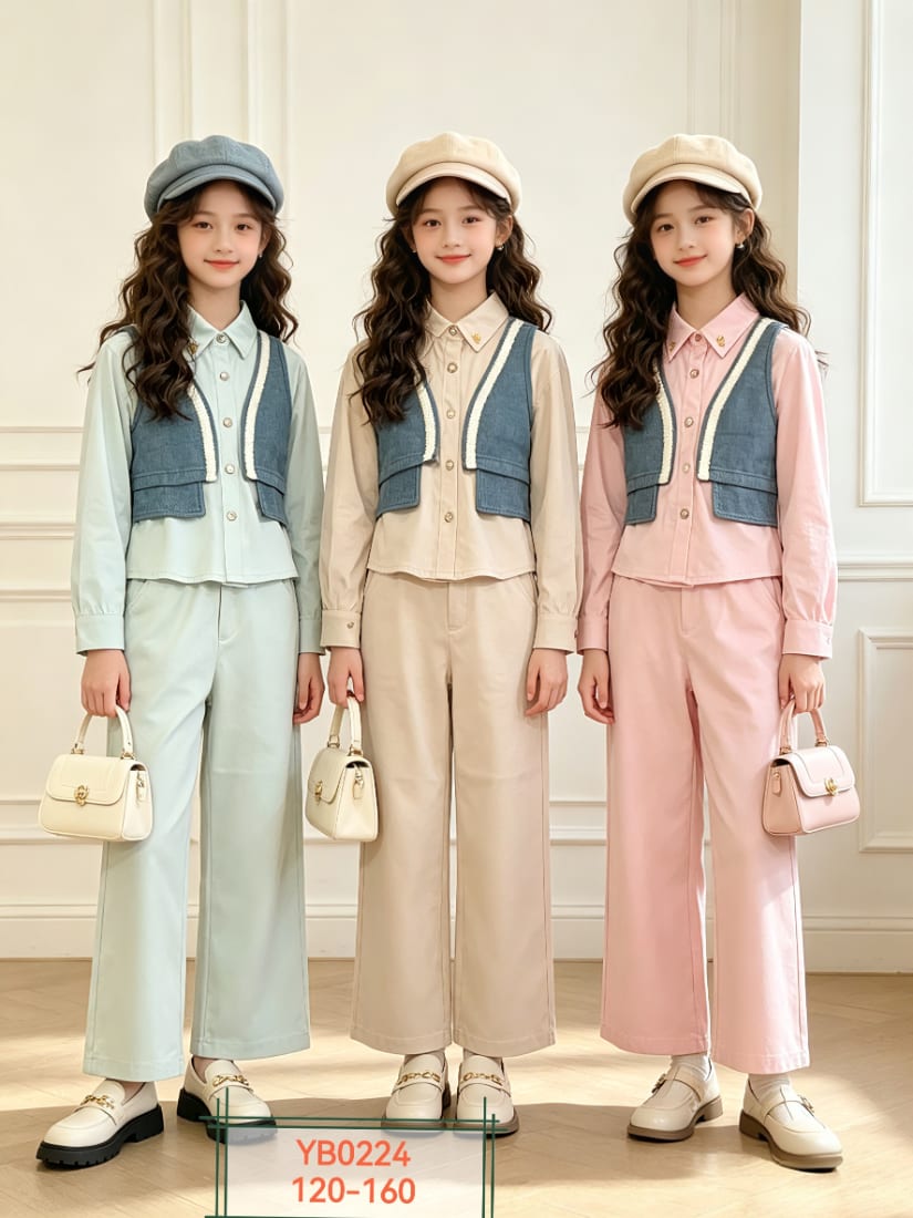 Girls' Denim-Vest Shirt & Wide-Leg Pants Set — model YB0224, Autumn, size 120-160 — Yubei Apparel wholesale kidswear