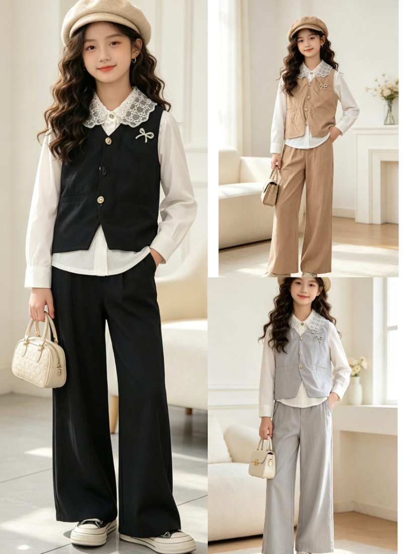 Girls' Tailored Vest & White Shirt with Wide Pants — Autumn — Yubei Apparel wholesale kidswear