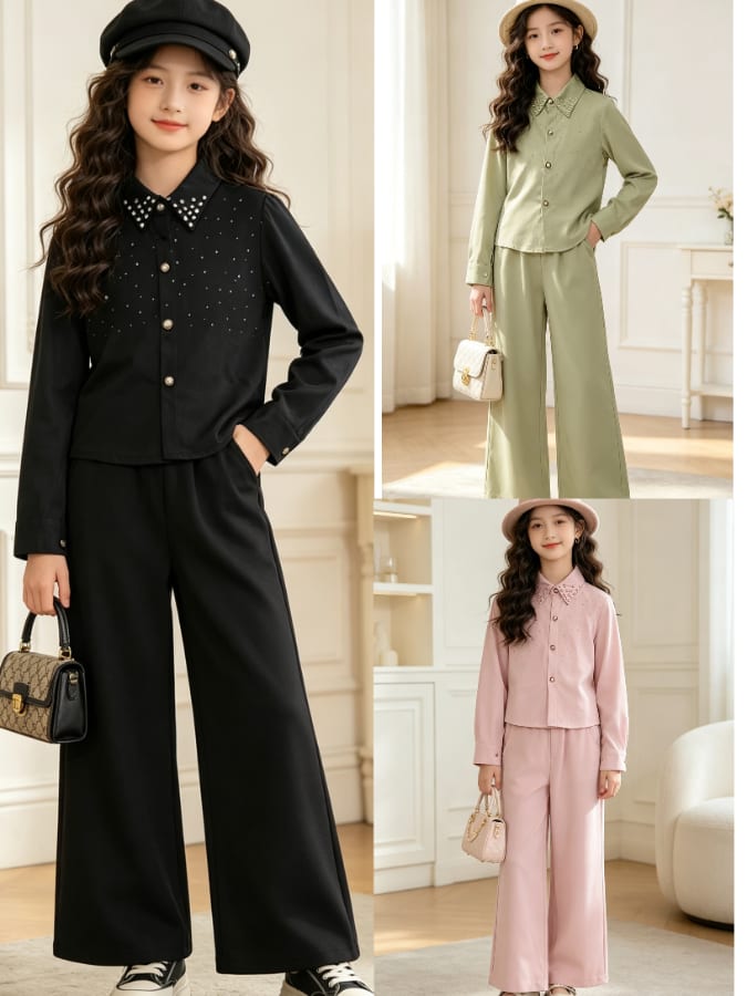 Girls' Lace-Collar Shirt & Wide-Leg Pants Set — Autumn — Yubei Apparel wholesale kidswear