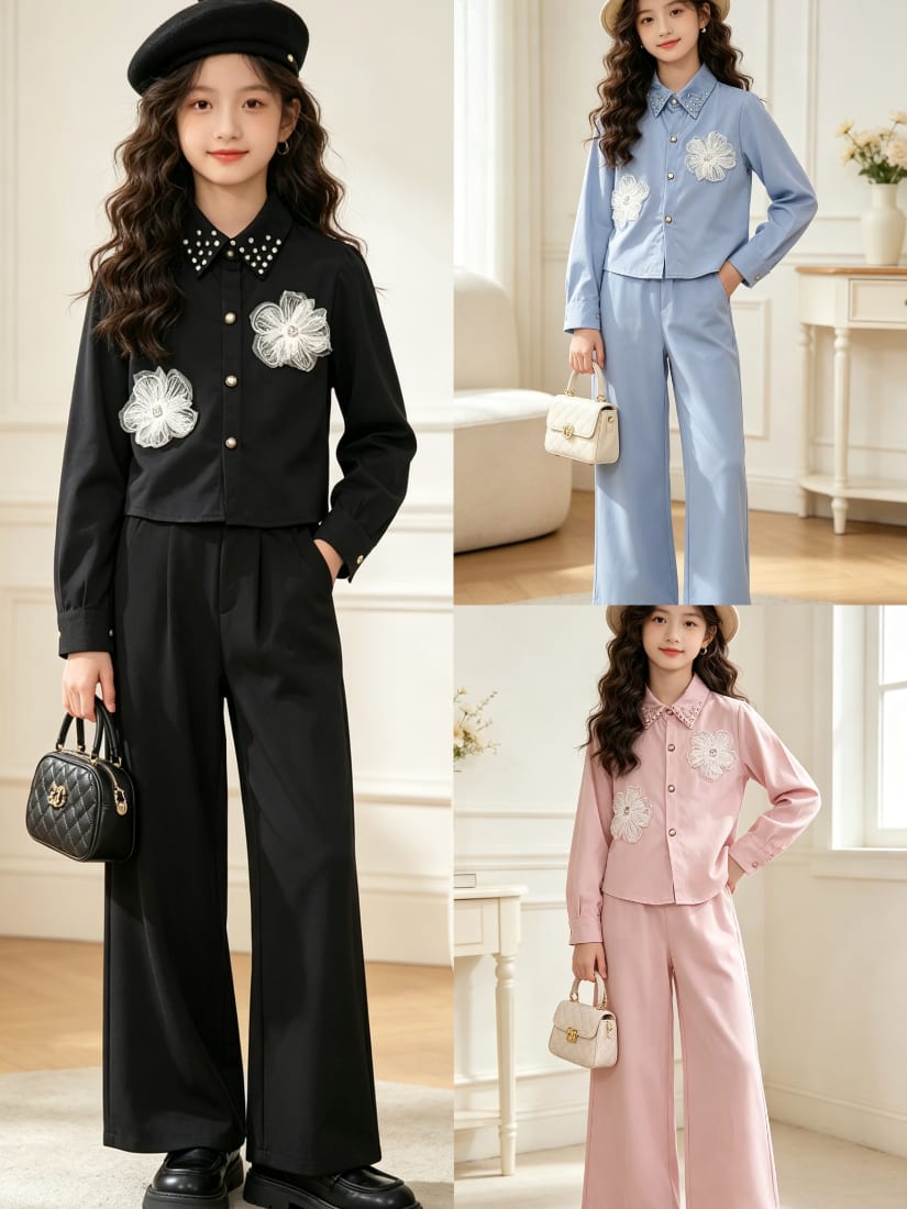 Girls' Flower-Appliqué Shirt & Wide-Leg Pants Set — Autumn — Yubei Apparel wholesale kidswear
