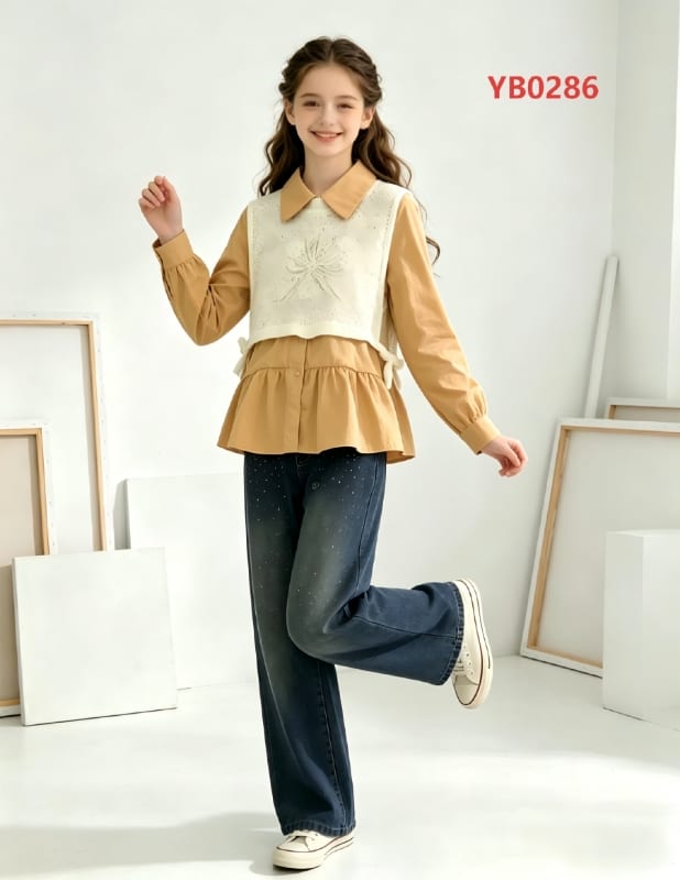 Girls' Shirt with Floral Crochet Vest & Jeans — model YB0286, Autumn, size 120-160 — Yubei Apparel wholesale kidswear