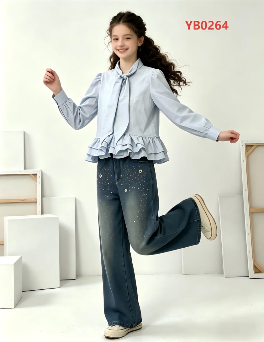 Girls' Bow-Neck Ruffle Shirt & Star Jeans — model YB0264, Autumn, size 120-160 — Yubei Apparel wholesale kidswear
