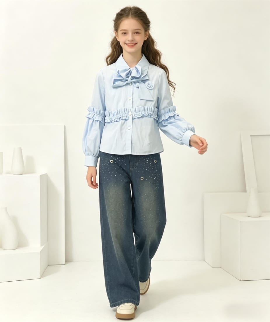 Girls' Bow-Front Ruffle Shirt & Star Jeans — Autumn — Yubei Apparel wholesale kidswear