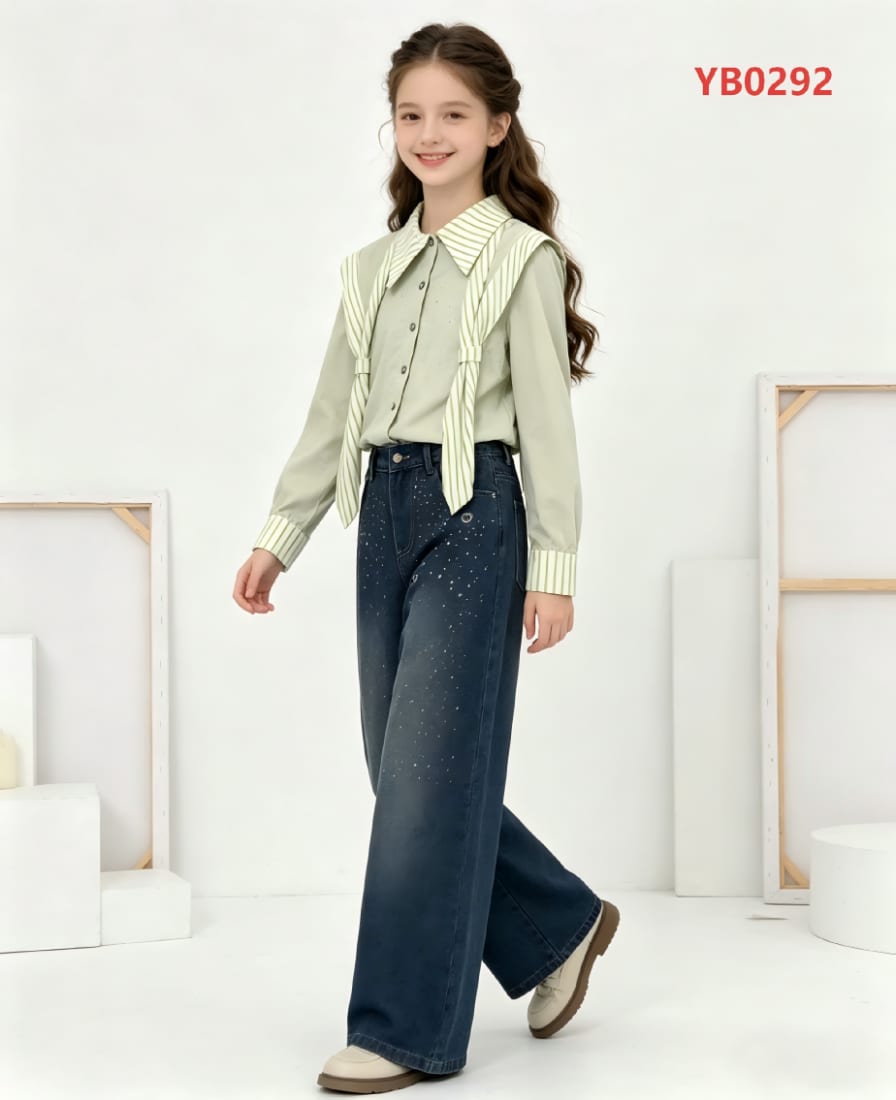 Girls' Sailor-Collar Tie Shirt & Rhinestone Jeans — model YB0292, Autumn, size 120-160 — Yubei Apparel wholesale kidswear