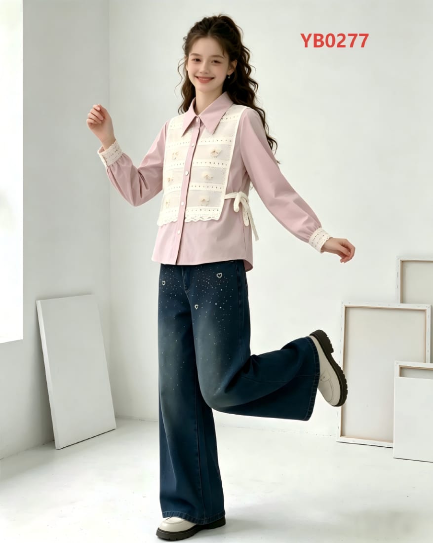 Girls' Shirt with Crochet Vest & Star Jeans — model YB0277, Autumn, size 120-160 — Yubei Apparel wholesale kidswear