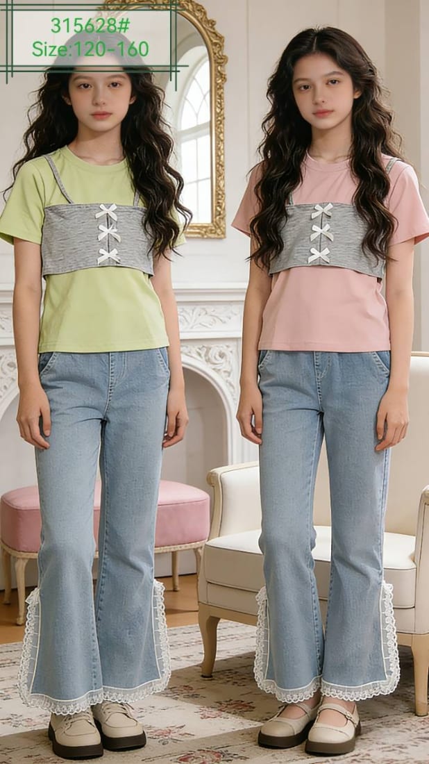 Girls' Bustier-Overlay Tee & Lace-Hem Flared Jeans — model 315628#, Autumn, size 120-160 — Yubei Apparel wholesale kidswear