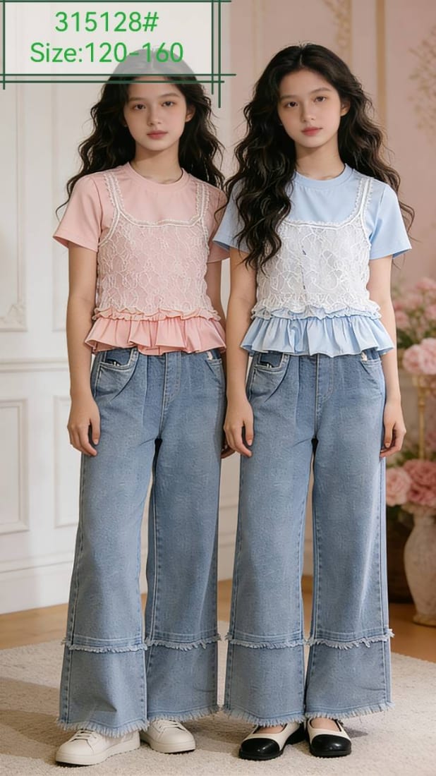 Girls' Lace-Bustier Peplum Tee & Wide-Leg Jeans — model 315128#, Autumn, size 120-160 — Yubei Apparel wholesale kidswear