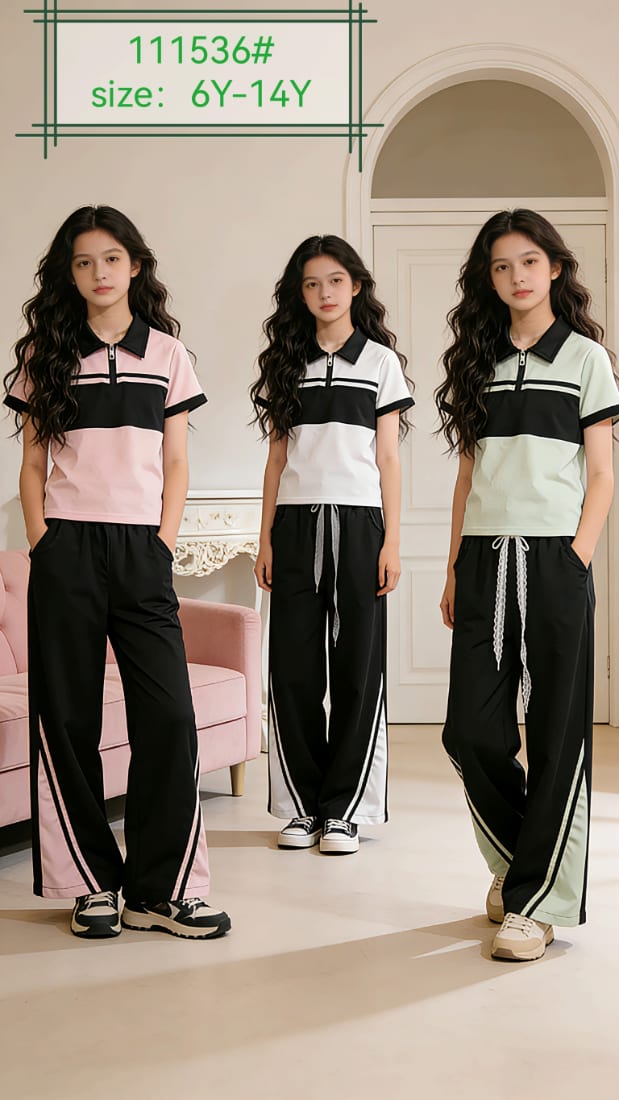 Girls' Color-Block Polo & Track Pants Set — model 111536#, Autumn, size 6Y-14Y — Yubei Apparel wholesale kidswear