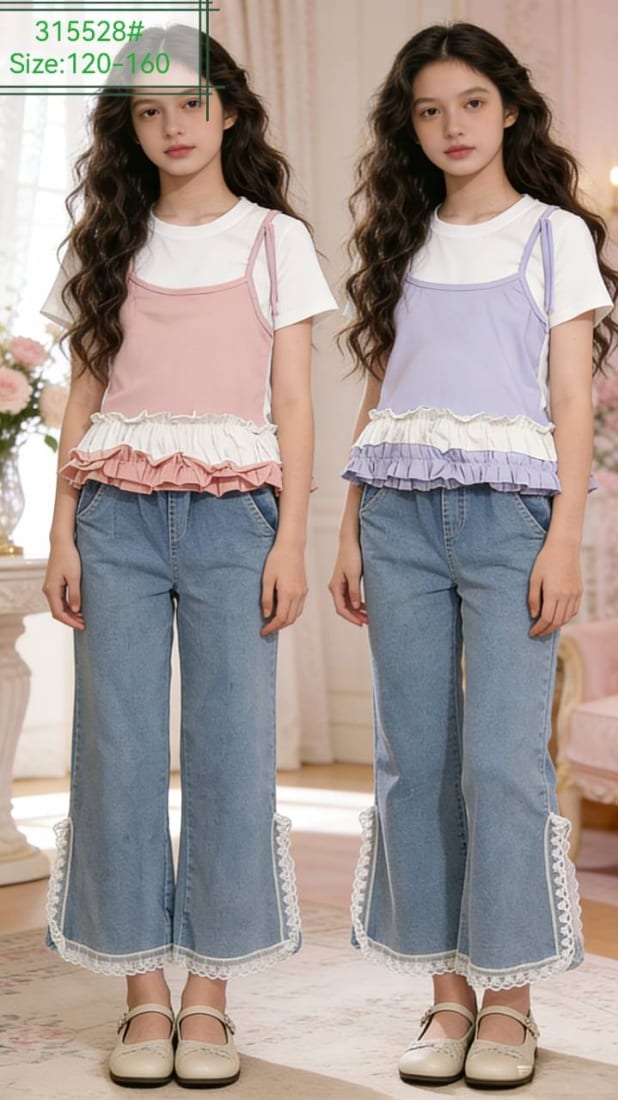 Girls' Cami-Overlay Tee & Lace-Hem Jeans Set — model 315528#, Autumn, size 120-160 — Yubei Apparel wholesale kidswear