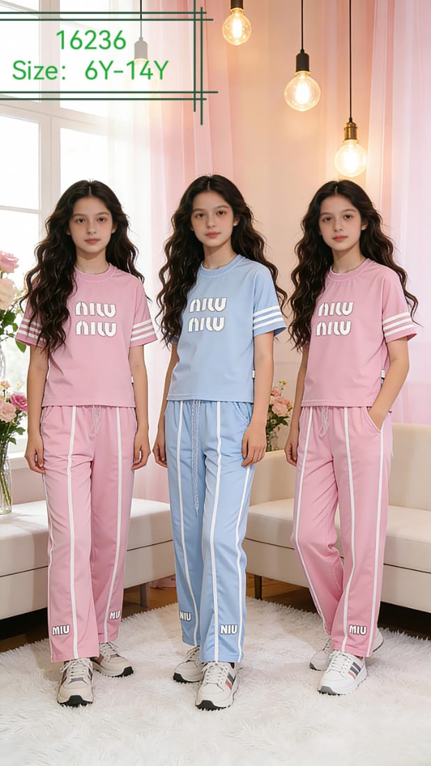 Girls' Graphic Tee & Side-Stripe Track Pants Set — model 16236#, Autumn, size 6Y-14Y — Yubei Apparel wholesale kidswear