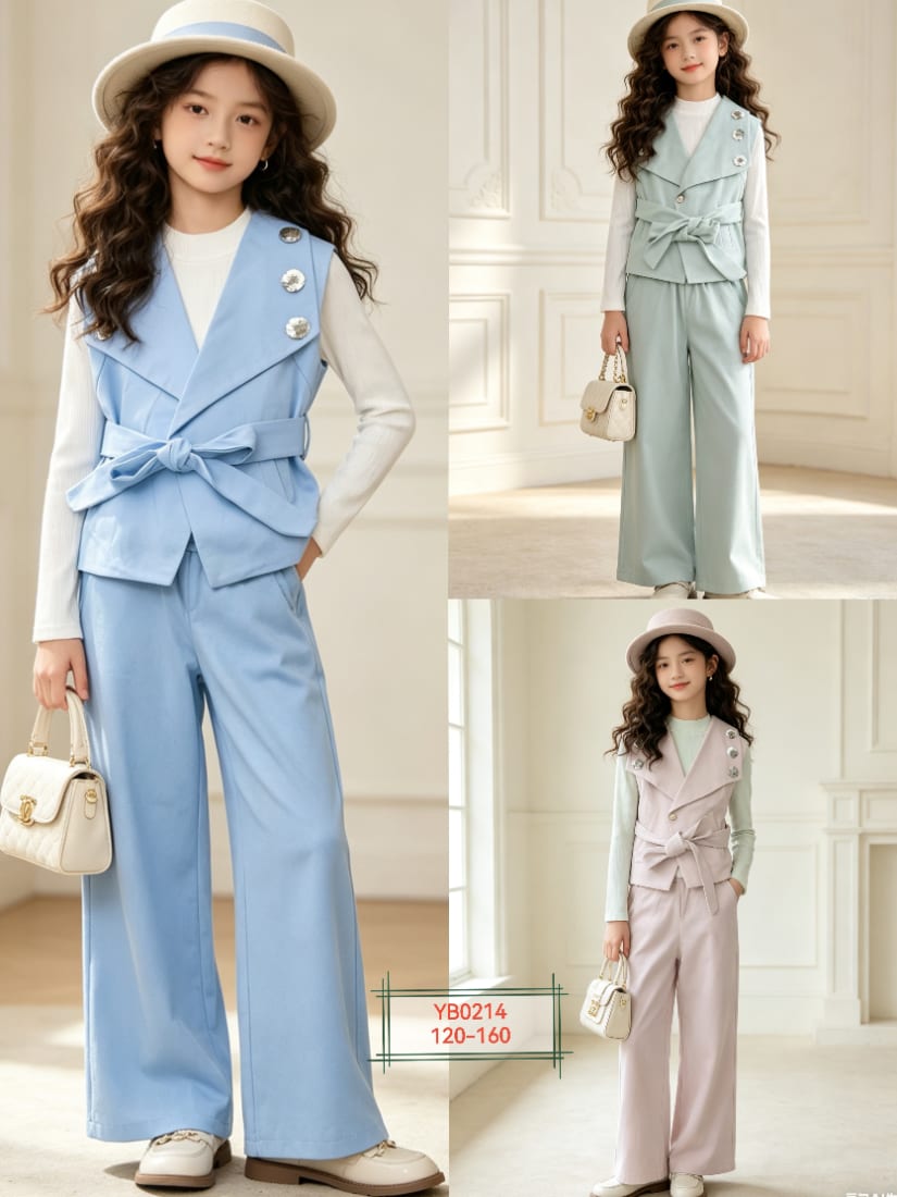 Girls' Belted Lapel Vest & Wide-Leg Pants Set — model YB0214, Autumn, size 120-160 — Yubei Apparel wholesale kidswear