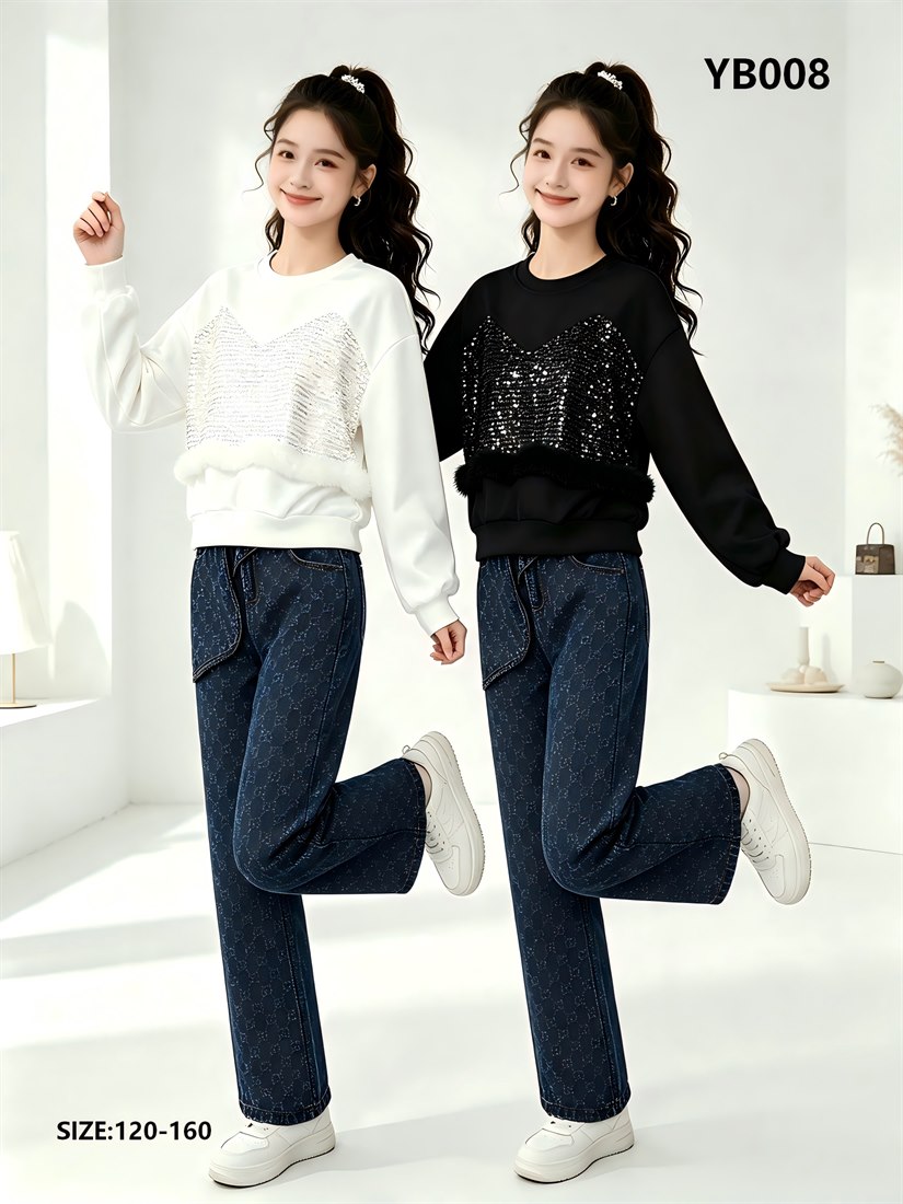 Girls' Sequin-Panel Fur-Trim Sweatshirt & Monogram Jeans — model YB008, Autumn, size 120-160 — Yubei Apparel wholesale kidswear