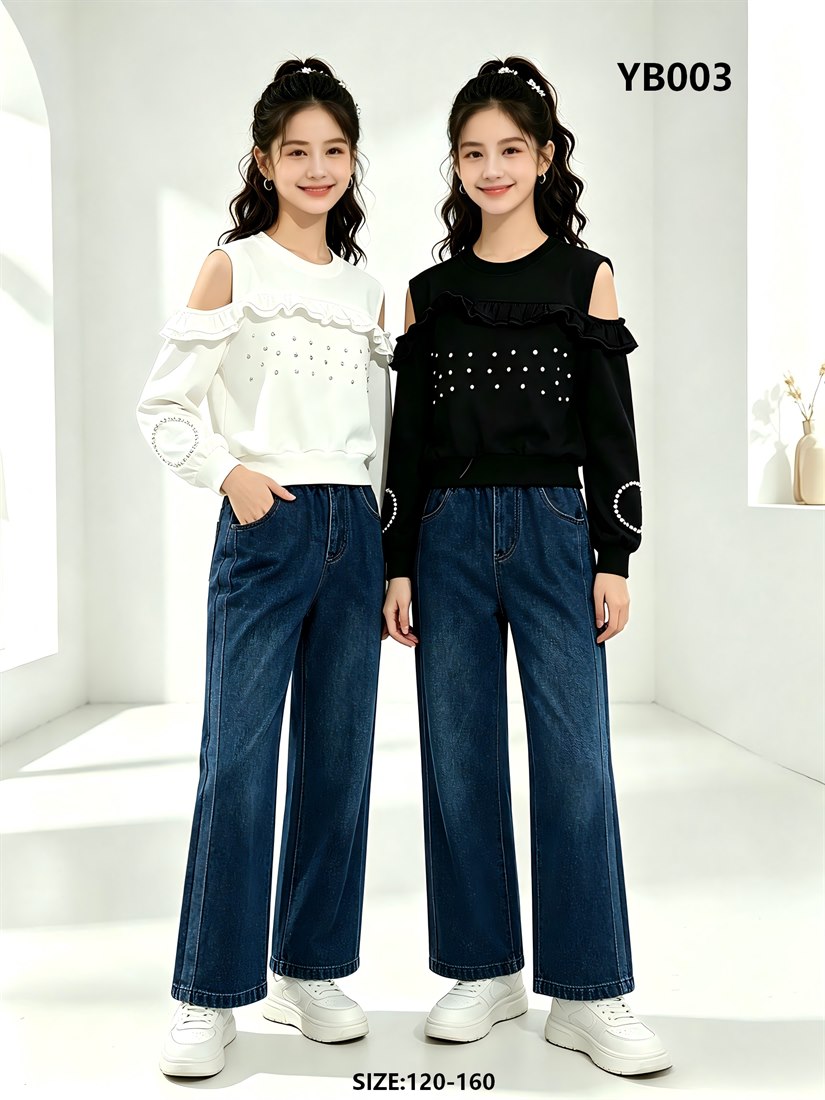 Girls' Cold-Shoulder Ruffle Rhinestone Sweatshirt & Wide-Leg Jeans — model YB003, Autumn, size 120-160 — Yubei Apparel wholesale kidswear