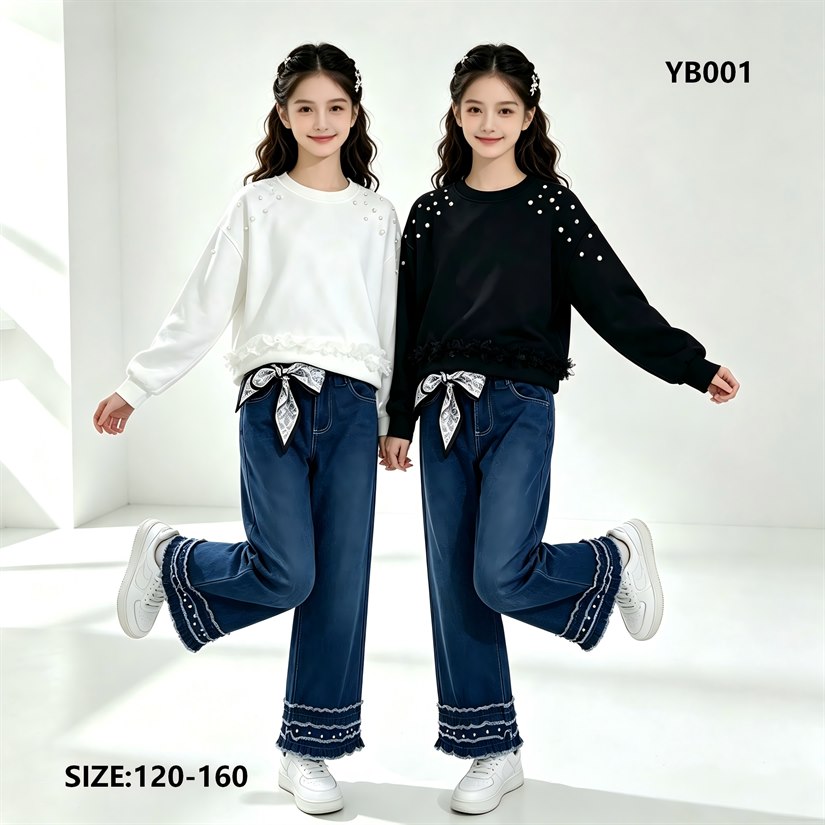 Girls' Pearl-Shoulder Lace-Hem Sweatshirt & Scarf-Tie Ruffle Jeans — model YB001, Autumn, size 120-160 — Yubei Apparel wholesale kidswear