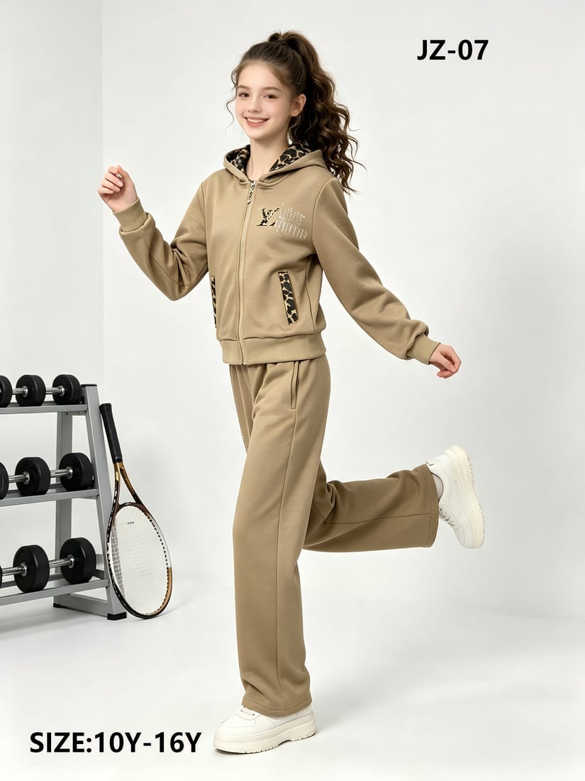 Girls' Leopard-Trim Zip Hoodie & Wide-Leg Pants Tracksuit — model JZ-07, Autumn, size 10Y-16Y — Yubei Apparel wholesale kidswear