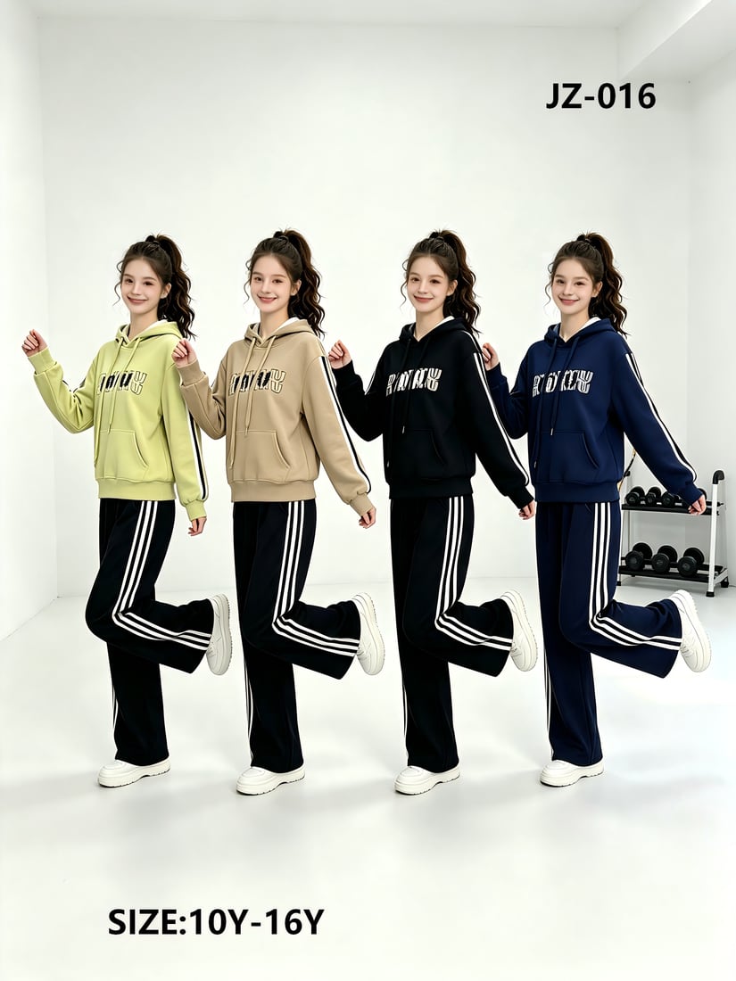 Girls' Side-Stripe Hoodie & Wide-Leg Pants Tracksuit — model JZ-016, Autumn, size 10Y-16Y — Yubei Apparel wholesale kidswear