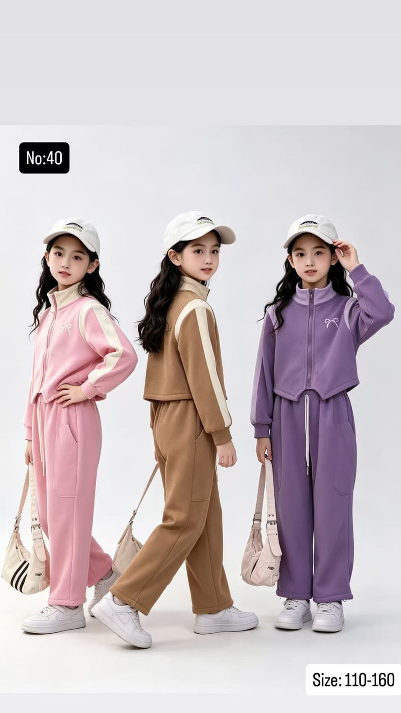 Girls' Color-Block Zip Track Jacket & Wide-Leg Pants Set — model 40, Autumn, size 110-160 — Yubei Apparel wholesale kidswear