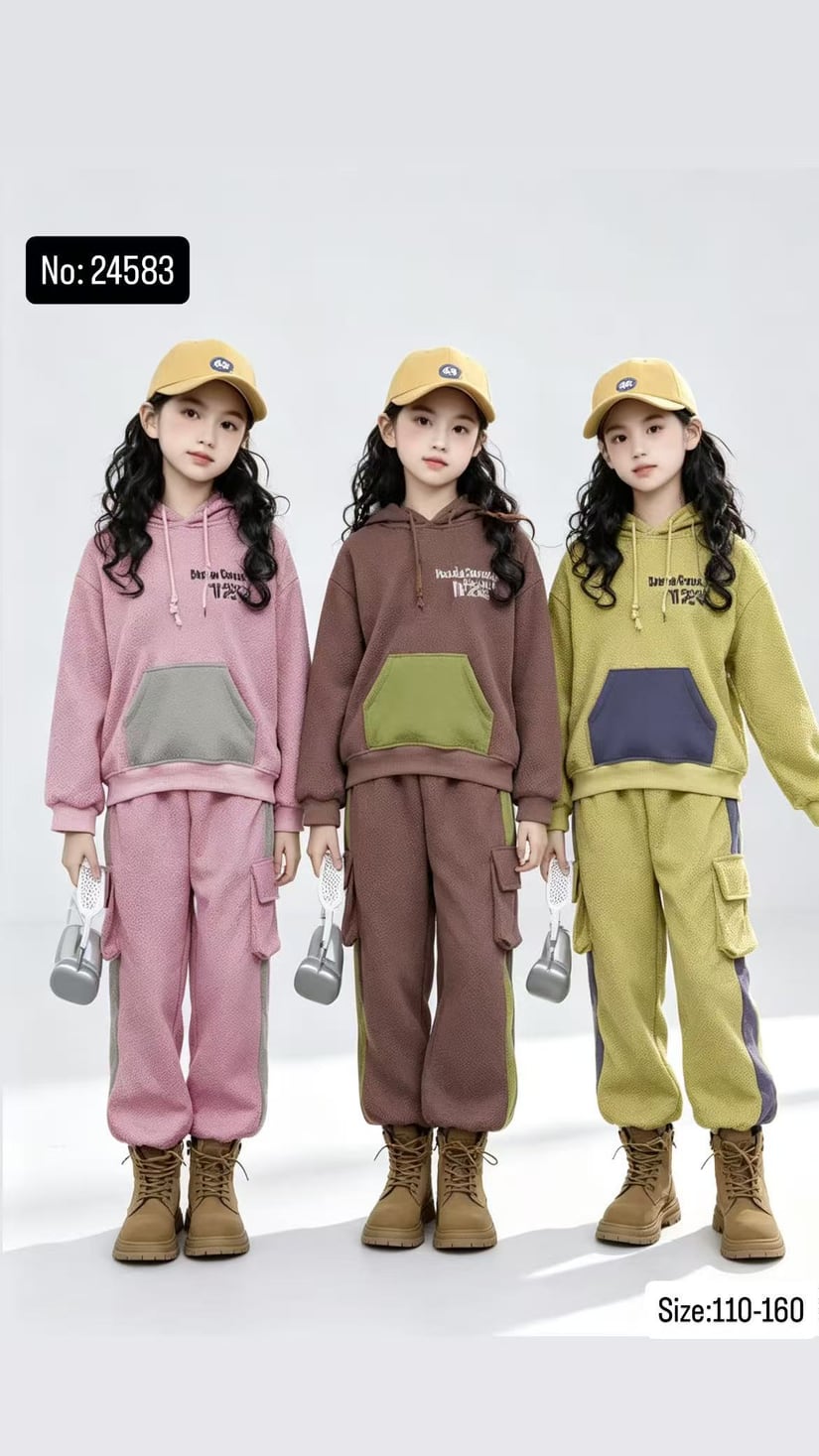 Girls' Contrast-Pocket Hoodie & Cargo Jogger Set — model 24583, Autumn, size 110-160 — Yubei Apparel wholesale kidswear