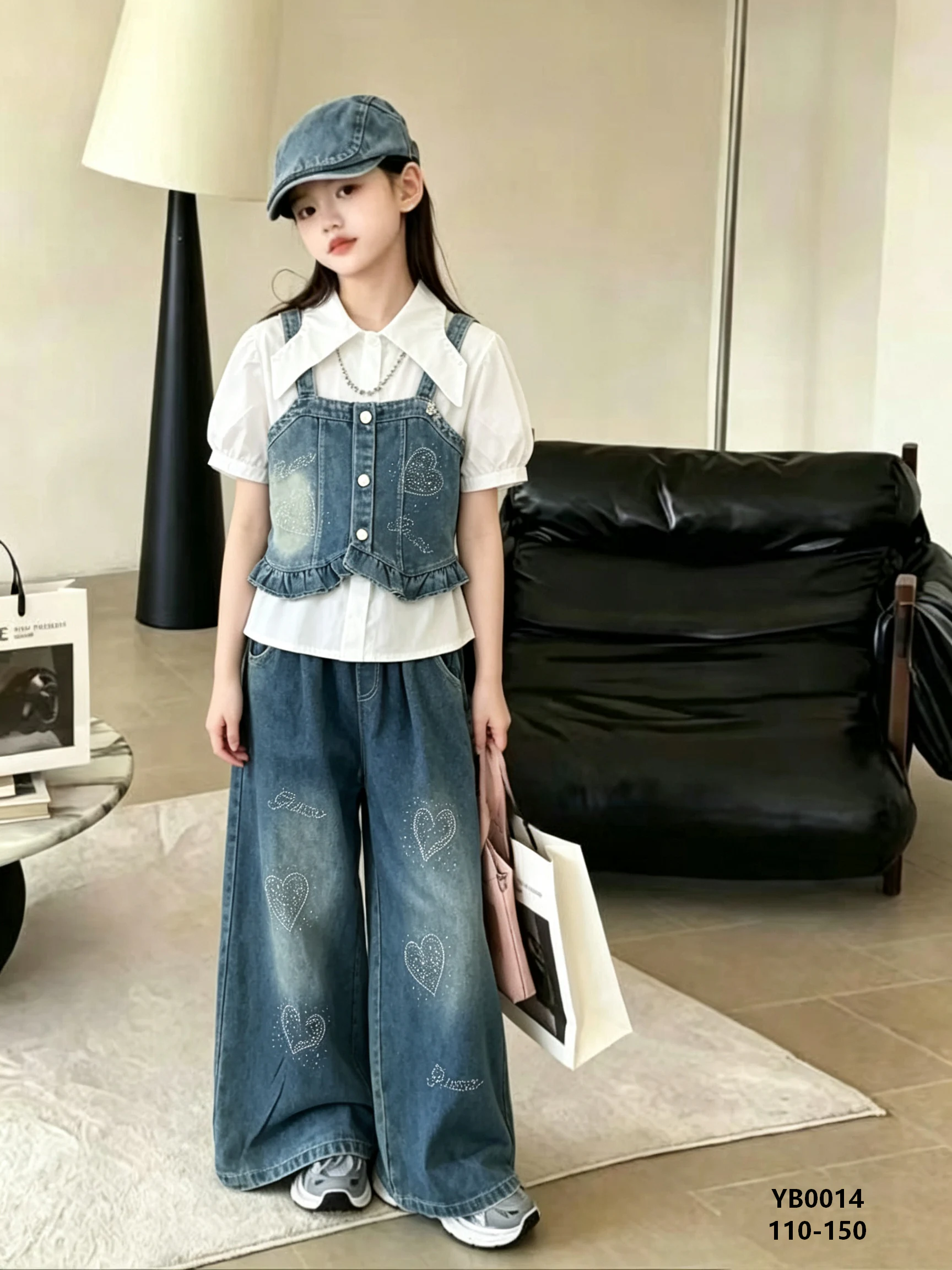 Girls' Heart-Rhinestone Denim Vest, Puff-Sleeve Shirt & Wide-Leg Jeans Set — model YB0014, Autumn, size 110-150 — Yubei Apparel wholesale kidswear