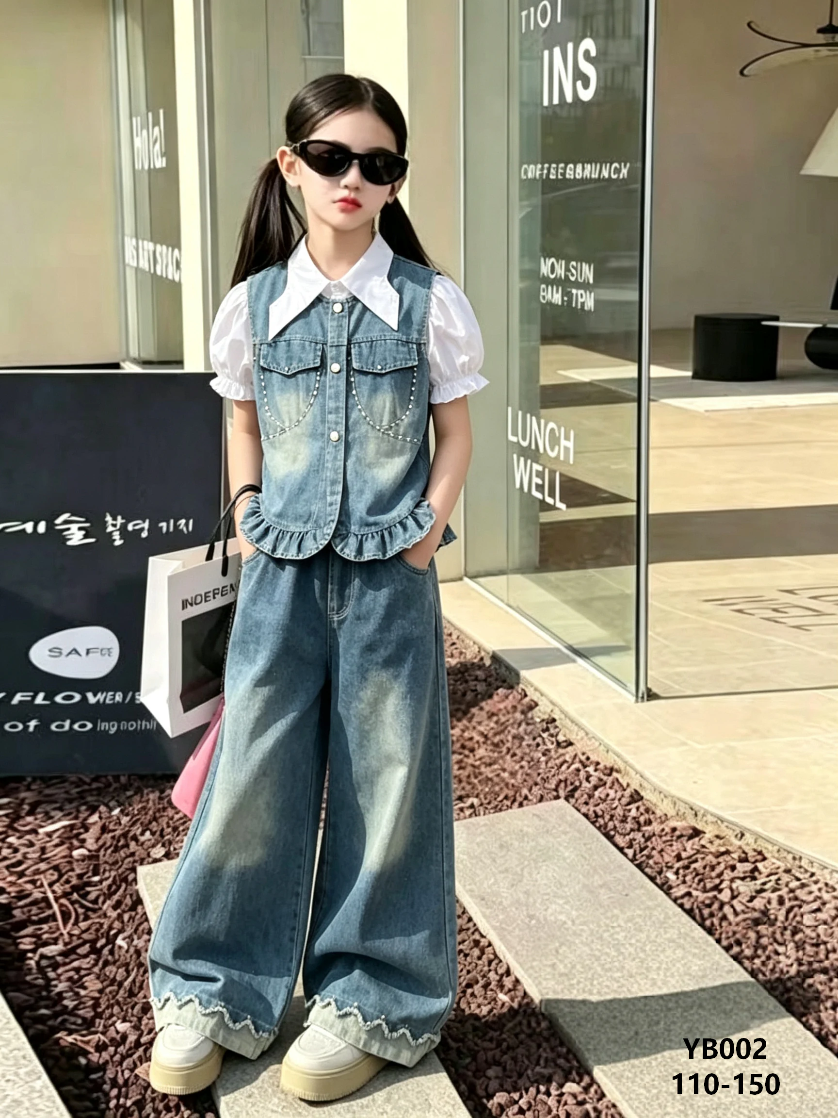 Girls' Ruffle-Hem Denim Vest, Puff-Sleeve Shirt & Wide-Leg Jeans Set — model YB002, Autumn, size 110-150 — Yubei Apparel wholesale kidswear
