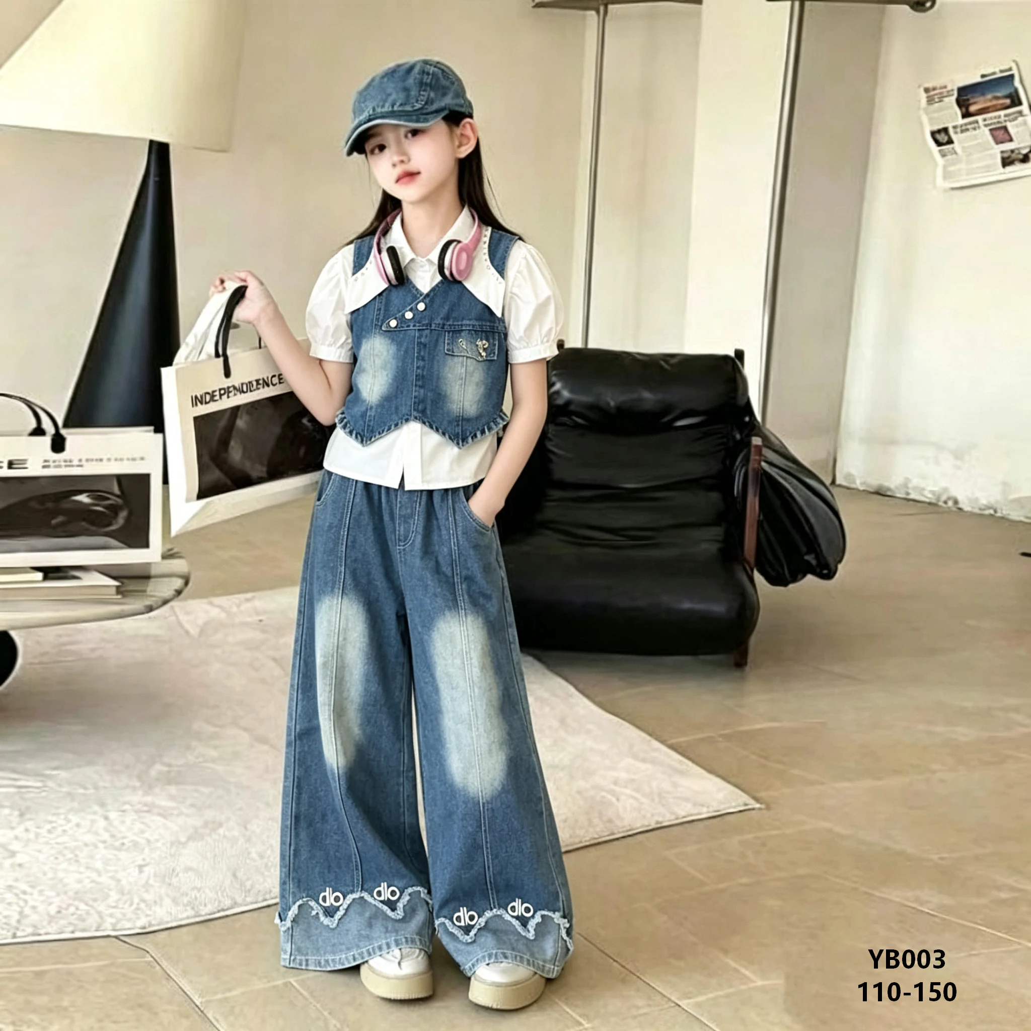 Girls' Asymmetric Denim Vest, Puff-Sleeve Shirt & Wide-Leg Jeans Set — model YB003, Autumn, size 110-150 — Yubei Apparel wholesale kidswear