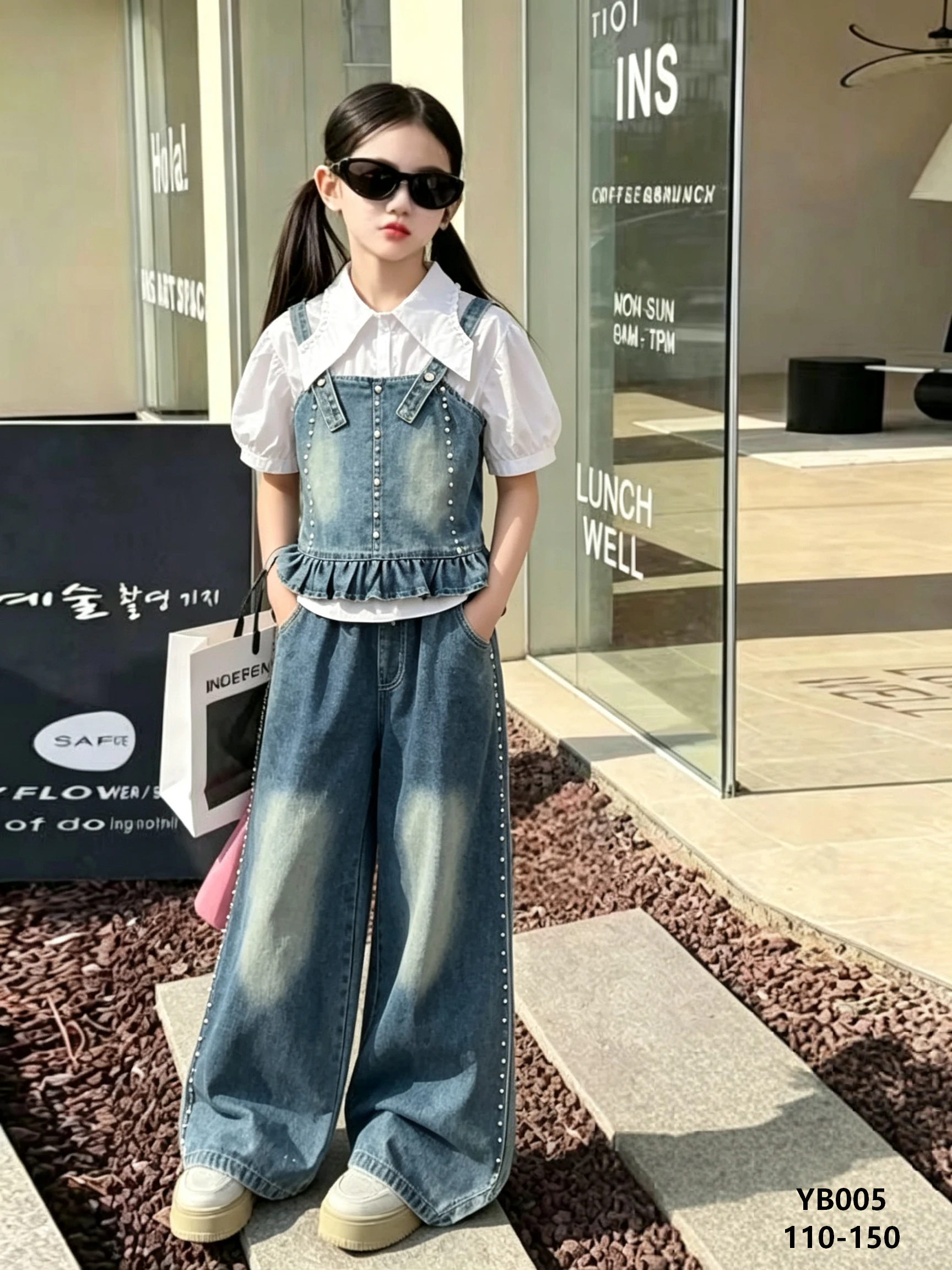 Girls' Studded Denim Cami Vest, Puff-Sleeve Shirt & Wide-Leg Jeans Set — model YB005, Autumn, size 110-150 — Yubei Apparel wholesale kidswear
