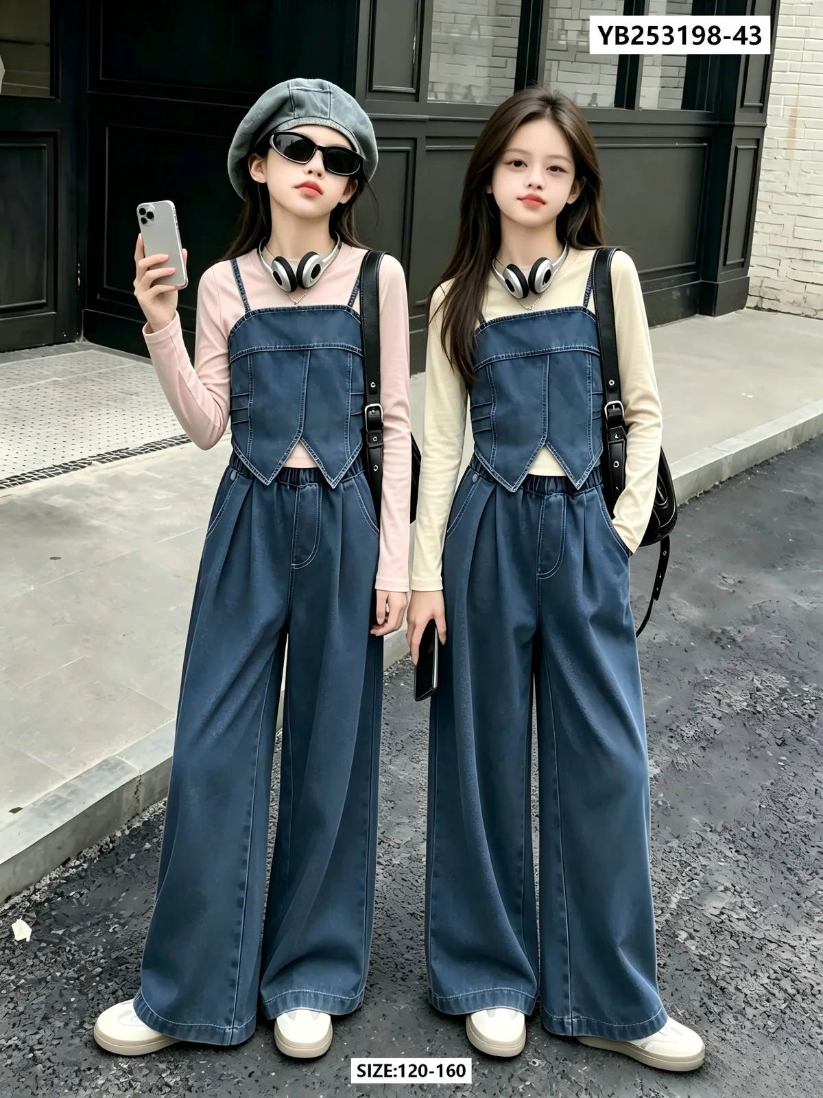 Girls' Denim Cami Vest, Long-Sleeve Tee & Wide-Leg Pants Set — model YB253198-43, Autumn, size 120-160 — Yubei Apparel wholesale kidswear