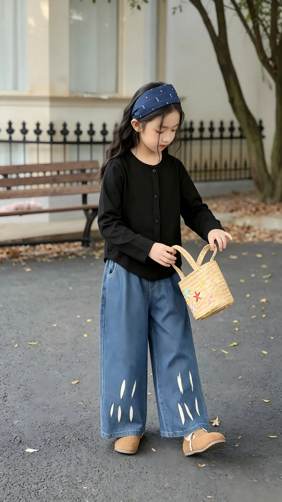 Girls' Button Shirt & Brushstroke Wide-Leg Jeans Set — Autumn — Yubei Apparel wholesale kidswear