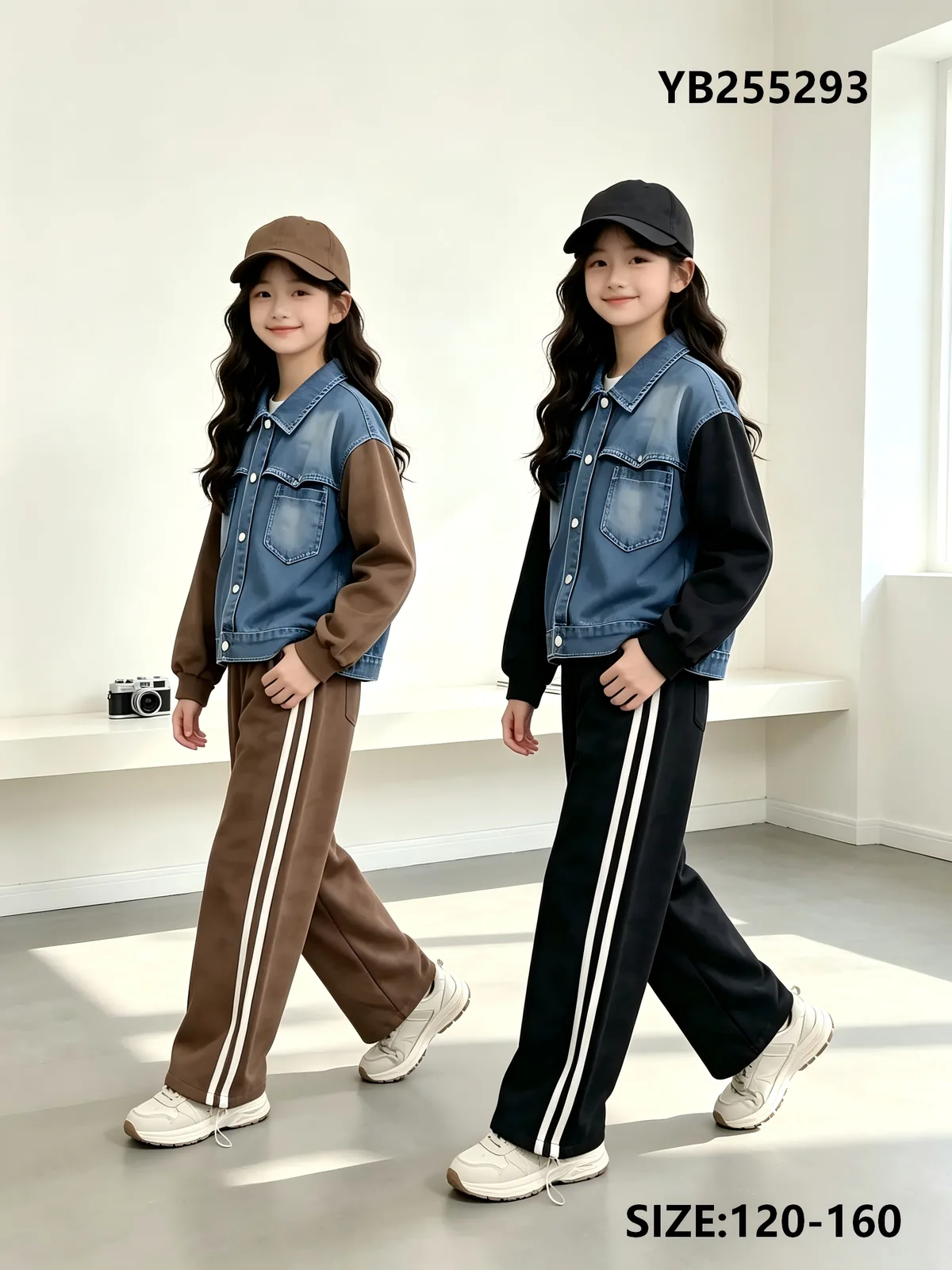 Girls' Color-Block Denim Jacket & Side-Stripe Pants Set — model YB255293, Autumn, size 120-160 — Yubei Apparel wholesale kidswear
