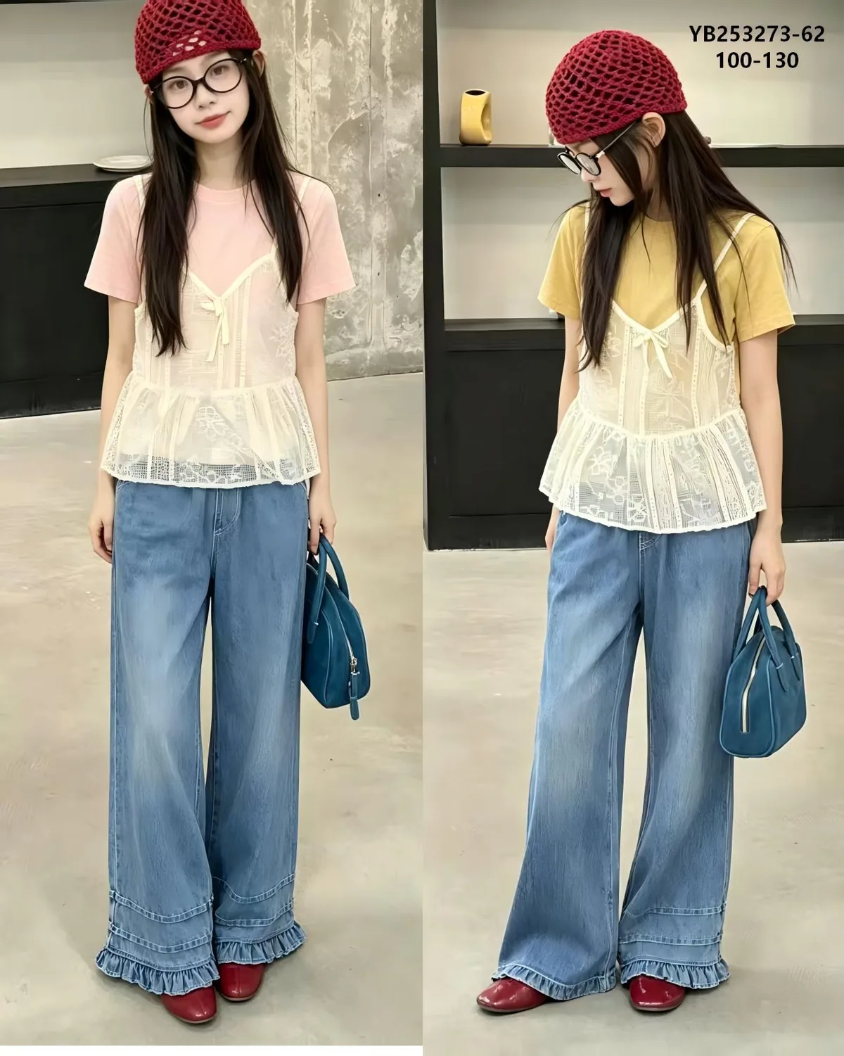 Girls' Lace Peplum Overlay Tee & Ruffle-Hem Wide-Leg Jeans Set — model YB253273-62, Autumn, size 100-130 — Yubei Apparel wholesale kidswear
