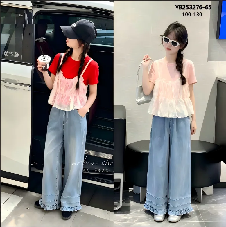 Girls' Sheer Overlay Tee & Ruffle-Hem Wide-Leg Jeans Set — model YB253276-65, Autumn, size 100-130 — Yubei Apparel wholesale kidswear