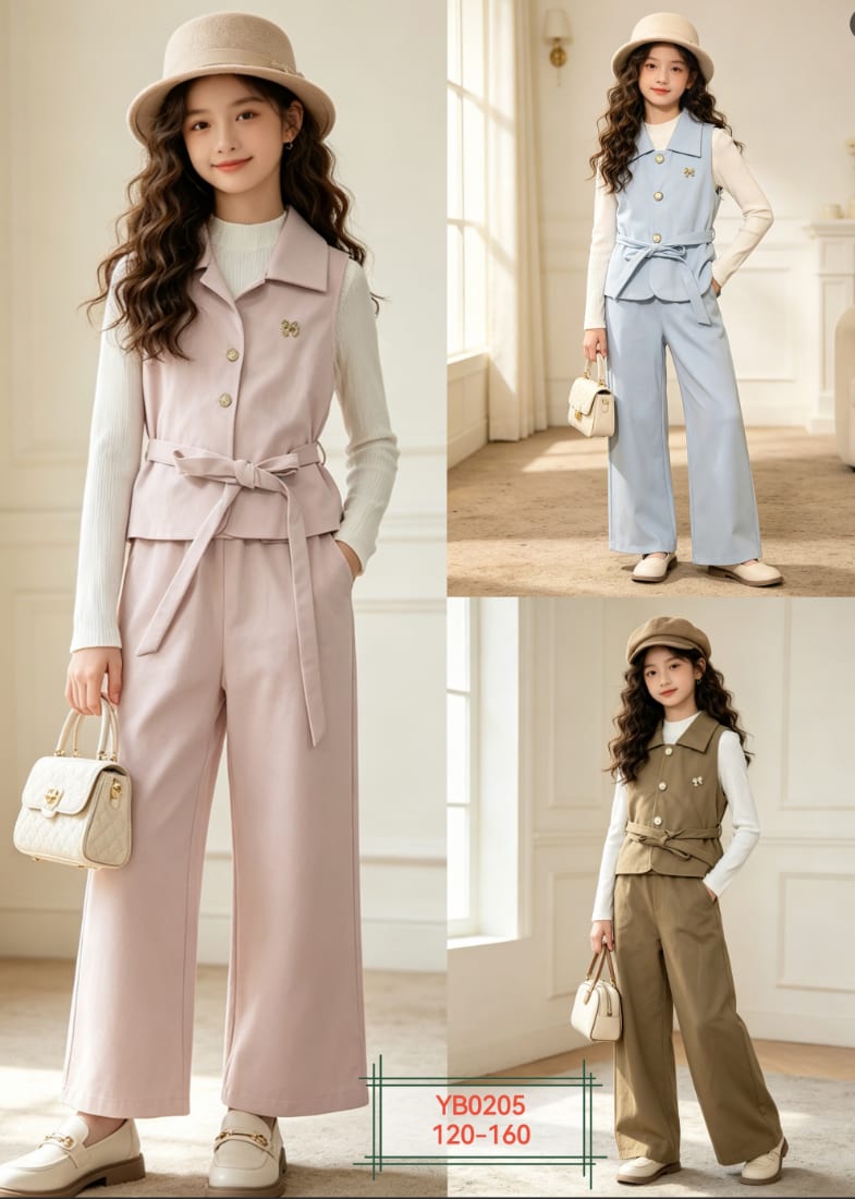 Girls' Belted Collar Vest & Wide-Leg Pants Set — model YB0205, Custom Design, size 120-160 — Yubei Apparel wholesale kidswear