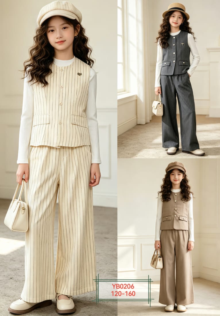 Girls' Pinstripe Vest & Wide-Leg Pants Set — model YB0206, Custom Design, size 120-160 — Yubei Apparel wholesale kidswear