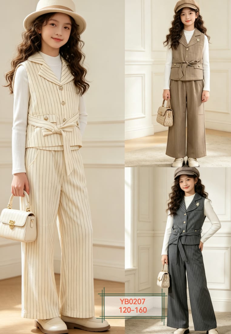Girls' Pinstripe Lapel Vest & Wide-Leg Pants Set — model YB0207, Custom Design, size 120-160 — Yubei Apparel wholesale kidswear