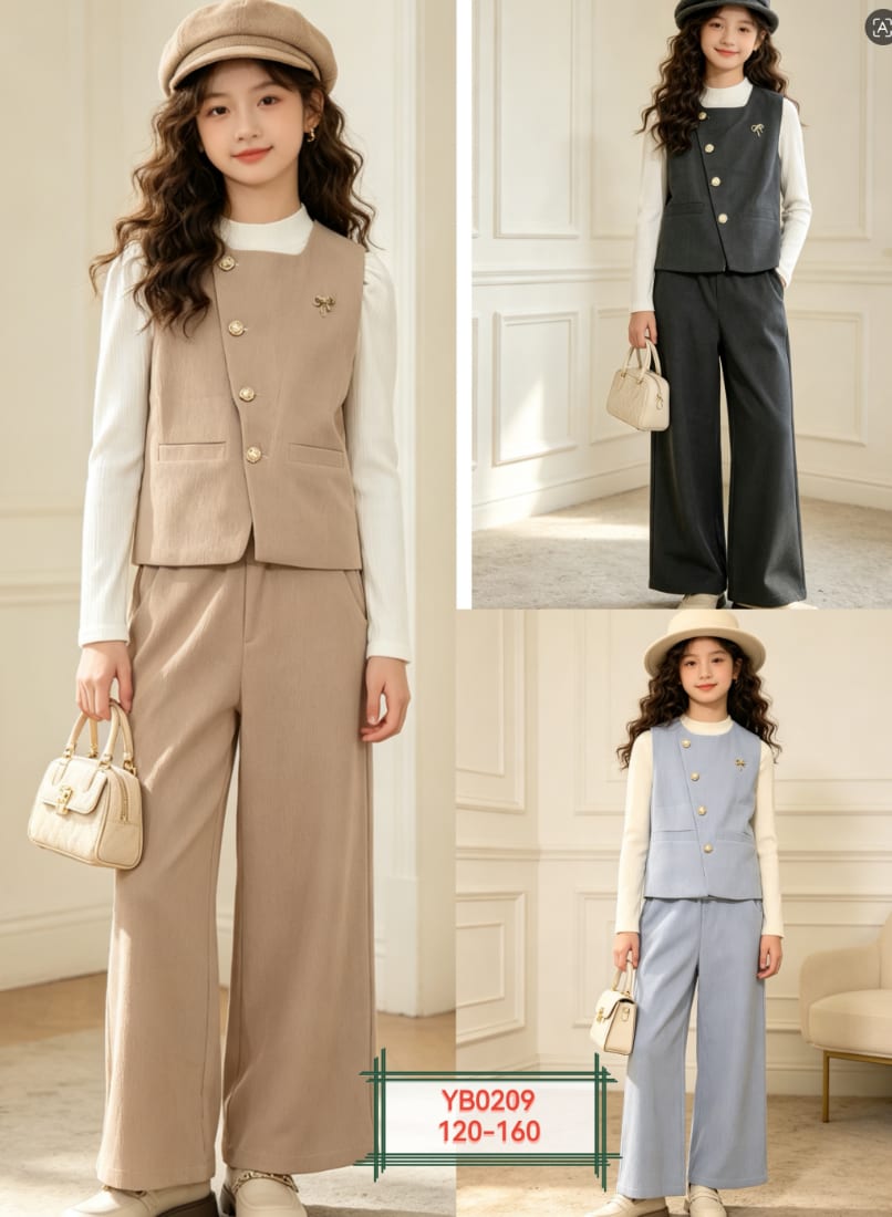 Girls' Button Vest & Wide-Leg Pants Set — model YB0209, Custom Design, size 120-160 — Yubei Apparel wholesale kidswear