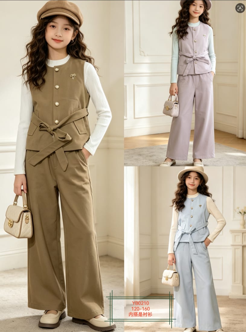 Girls' Belted Vest with Shirt & Wide-Leg Pants — model YB0210, Custom Design, size 120-160 — Yubei Apparel wholesale kidswear