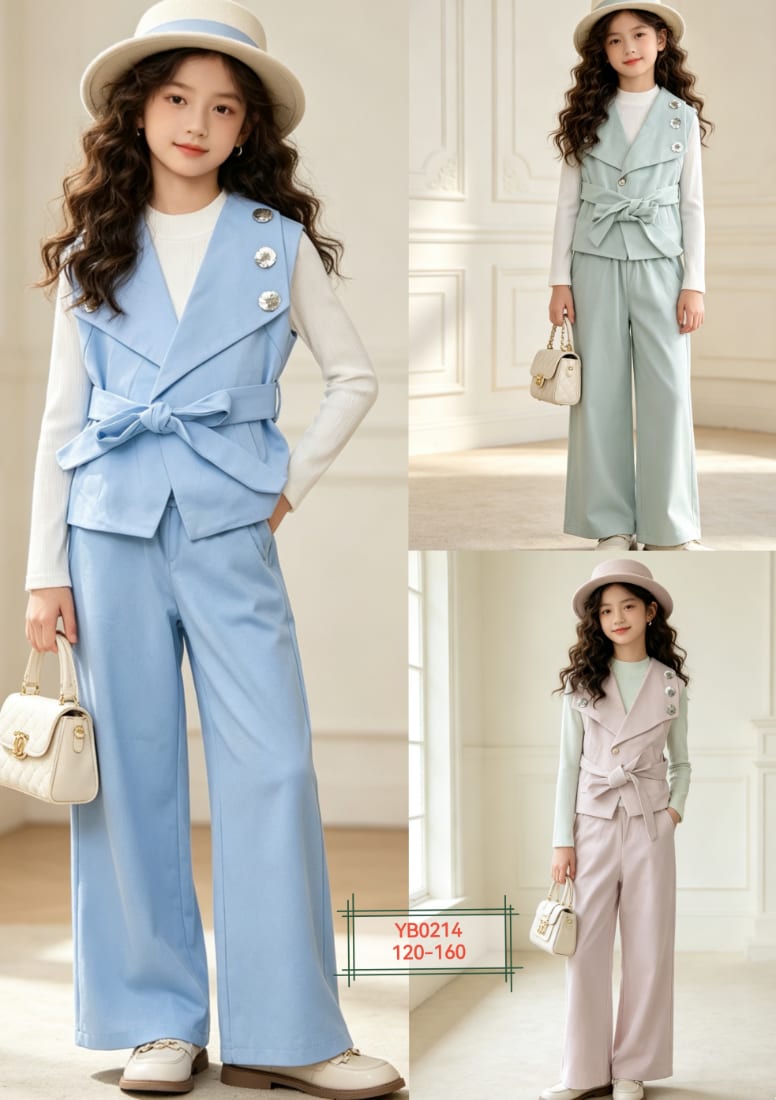 Girls' Belted Lapel Vest & Wide-Leg Pants Set — model YB0214, Custom Design, size 120-160 — Yubei Apparel wholesale kidswear