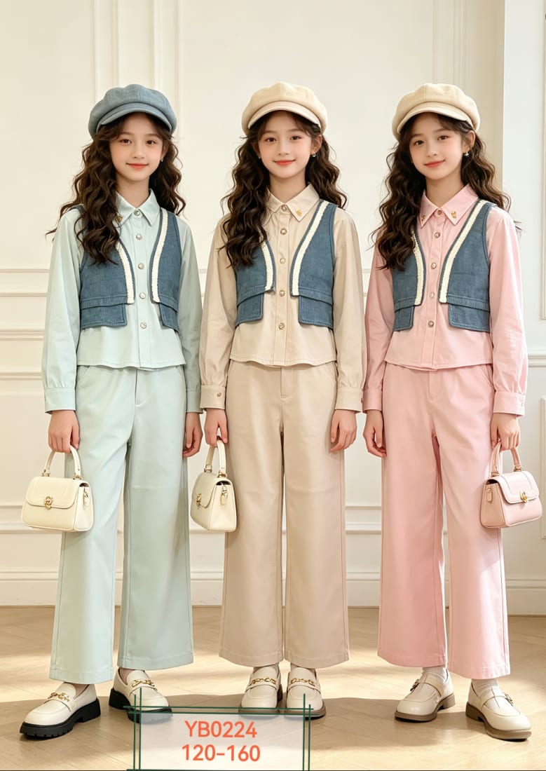 Girls' Denim-Vest Shirt & Wide-Leg Pants Set — model YB0224, Custom Design, size 120-160 — Yubei Apparel wholesale kidswear