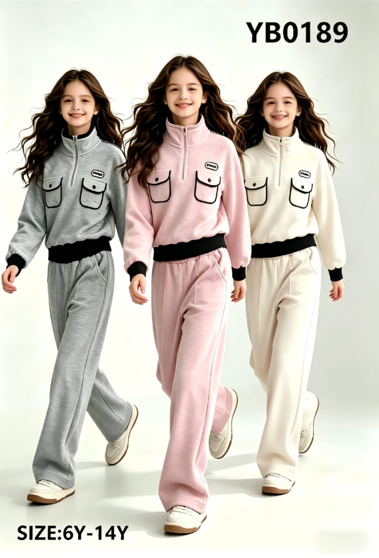 Girls' Half-Zip Pocket Sweatshirt & Wide Pants — model YB0189, Custom Design, size 6Y-14Y — Yubei Apparel wholesale kidswear