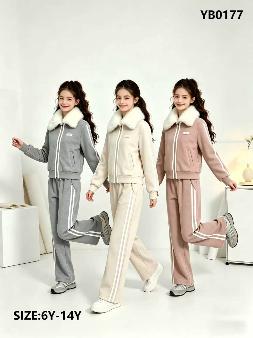 Girls' Fur-Collar Zip Jacket & Side-Stripe Pants — model YB0177, Custom Design, size 6Y-14Y — Yubei Apparel wholesale kidswear