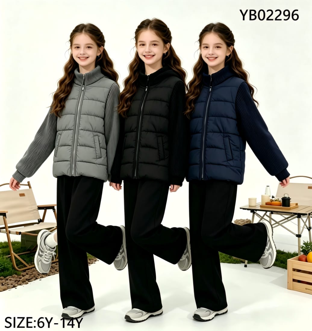 Girls' Puffer Vest with Ribbed Sleeves & Pants — model YB02296, Custom Design, size 6Y-14Y — Yubei Apparel wholesale kidswear
