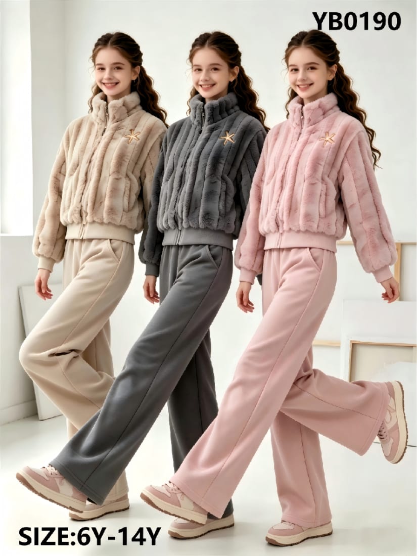 Girls' Fur Zip Jacket with Star & Wide Pants — model YB0190, Custom Design, size 6Y-14Y — Yubei Apparel wholesale kidswear