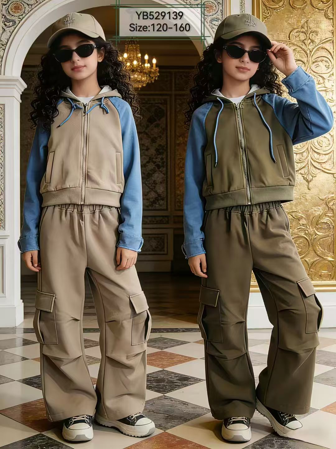 Girls' Raglan Denim-Sleeve Hoodie & Cargo Pants — model YB529139, Custom Design, size 120-160 — Yubei Apparel wholesale kidswear