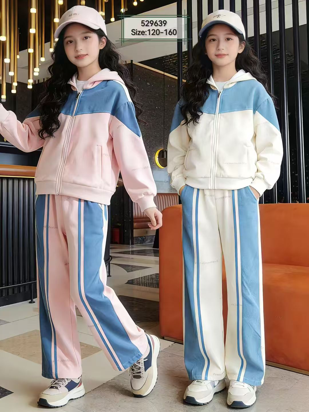 Girls' Color-Block Zip Hoodie & Side-Stripe Pants — model 529639, Custom Design, size 120-160 — Yubei Apparel wholesale kidswear