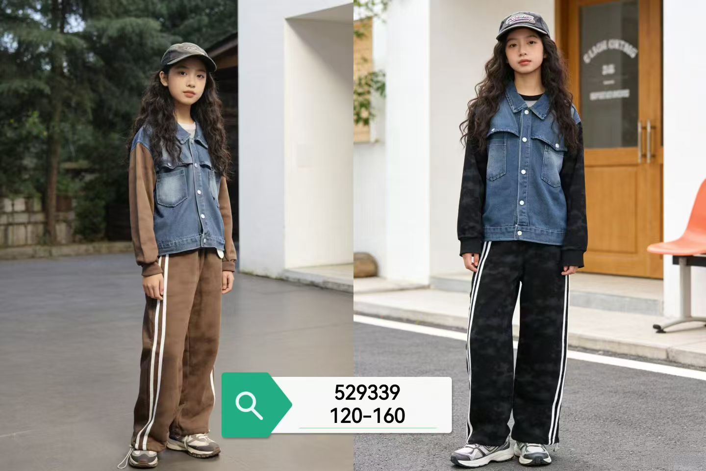 Girls' Denim Vest, Contrast-Sleeve Top & Track Pants — model 529339, Custom Design, size 120-160 — Yubei Apparel wholesale kidswear