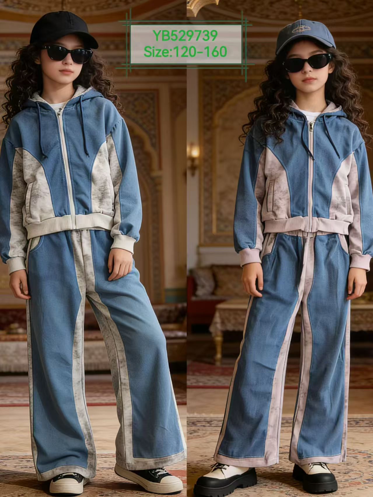 Girls' Two-Tone Denim Hoodie & Wide-Leg Pants — model YB529739, Custom Design, size 120-160 — Yubei Apparel wholesale kidswear