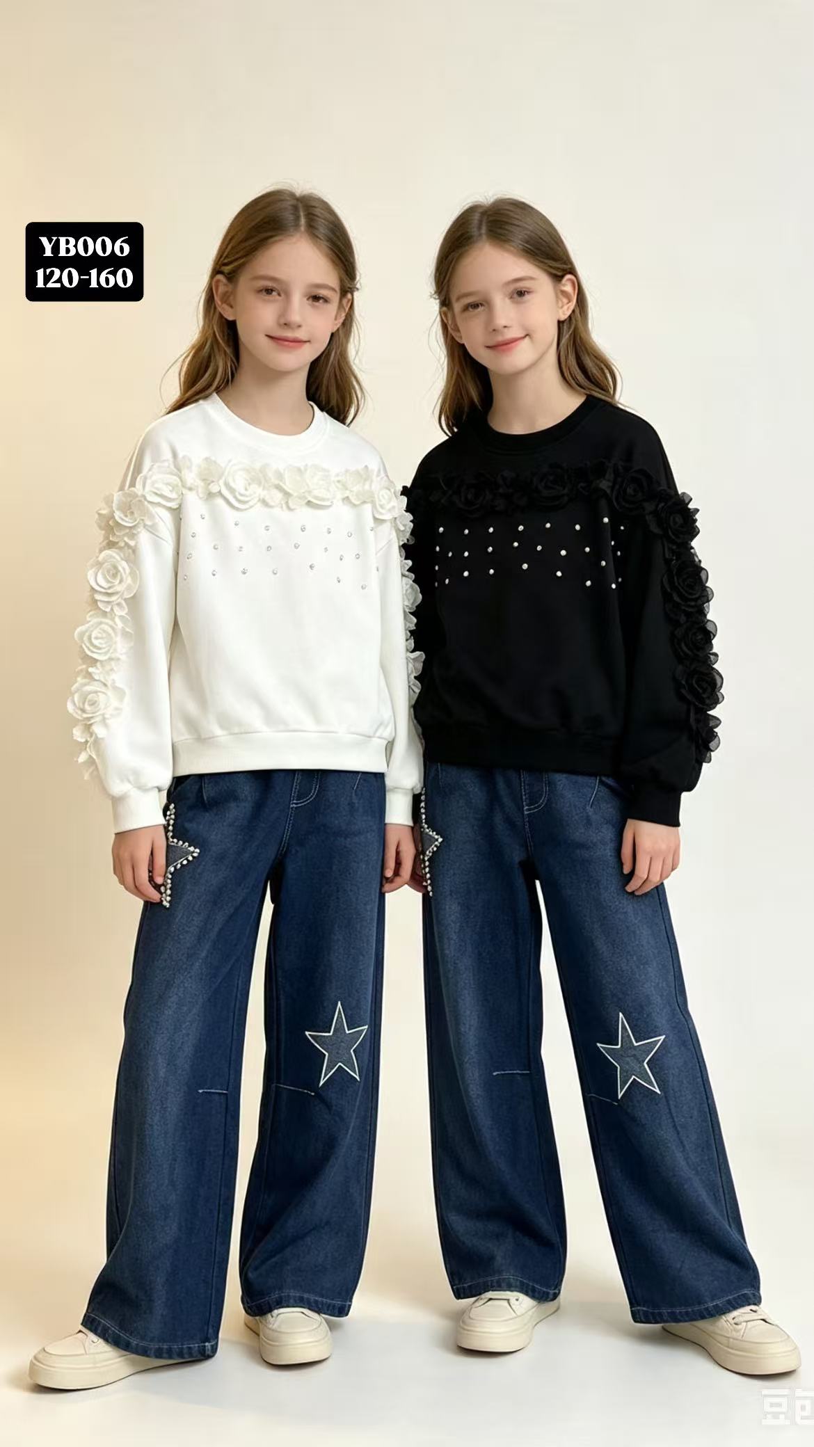Girls' 3D-Flower Pearl Sweatshirt & Star Jeans — model YB006, Custom Design, size 120-160 — Yubei Apparel wholesale kidswear