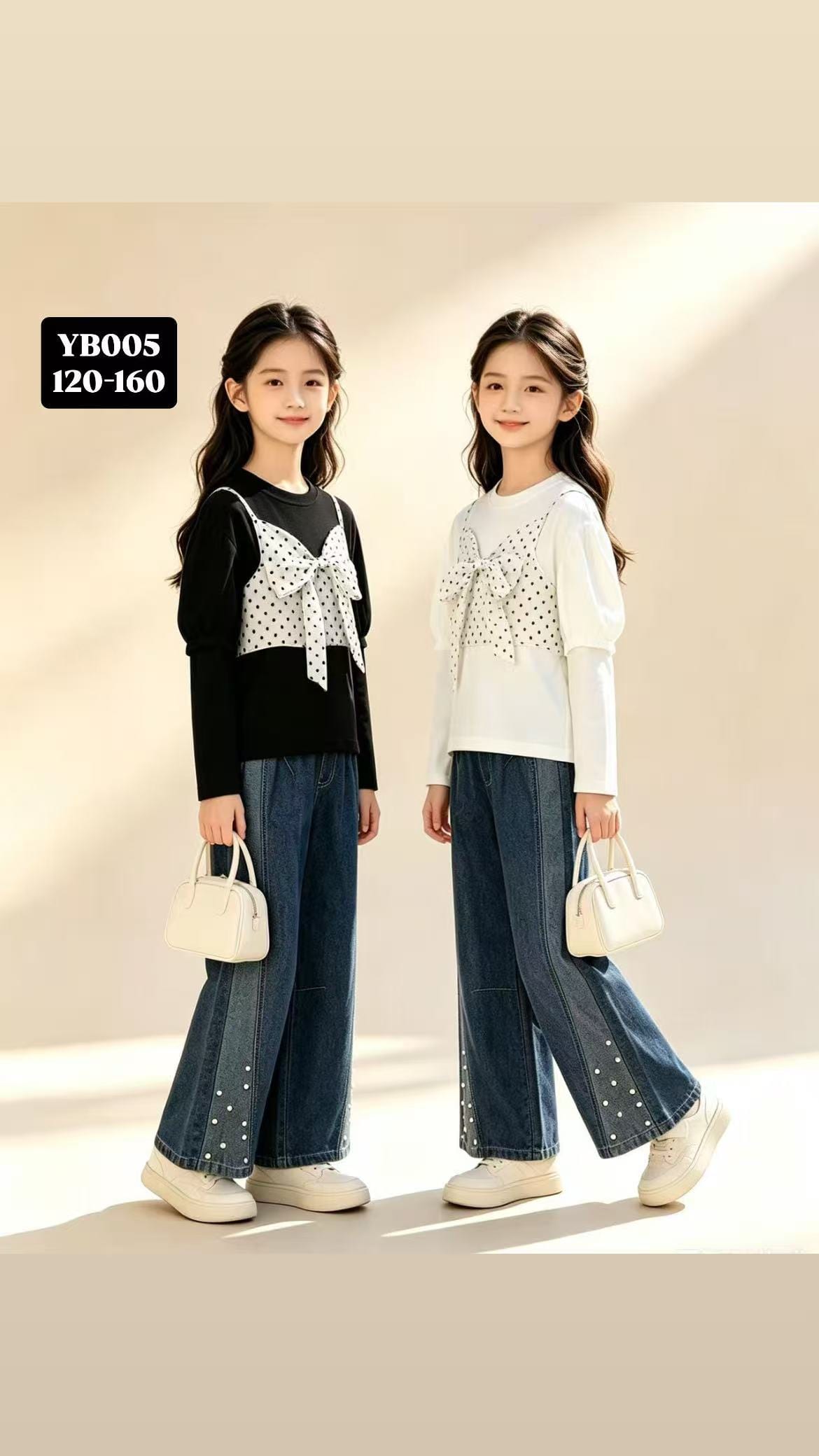 Girls' Polka-Dot Bow-Front Top & Pearl Jeans — model YB005, Custom Design, size 120-160 — Yubei Apparel wholesale kidswear