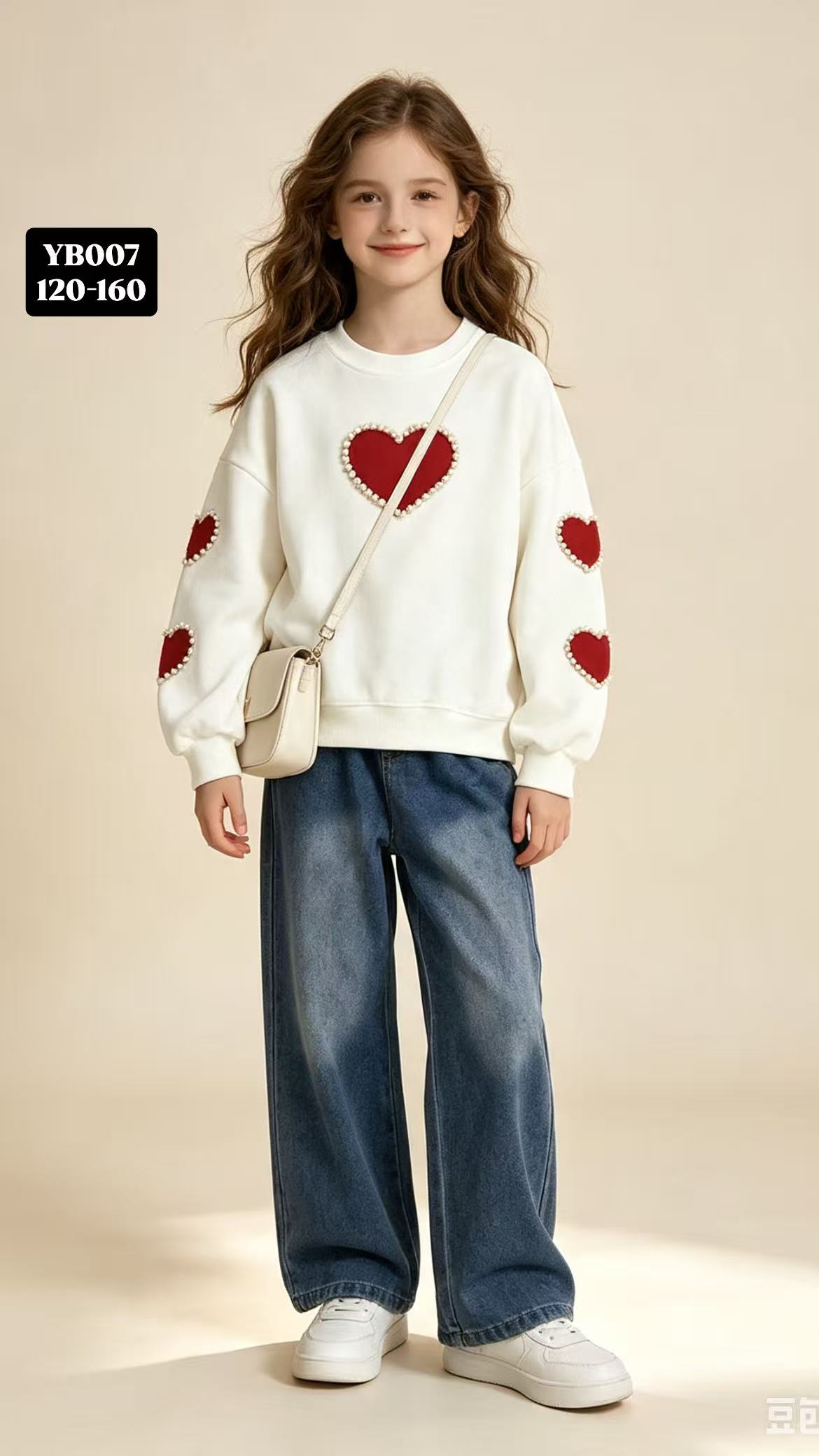 Girls' Heart-Appliqué Pearl Sweatshirt & Jeans (White) — model YB007, Custom Design, size 120-160 — Yubei Apparel wholesale kidswear