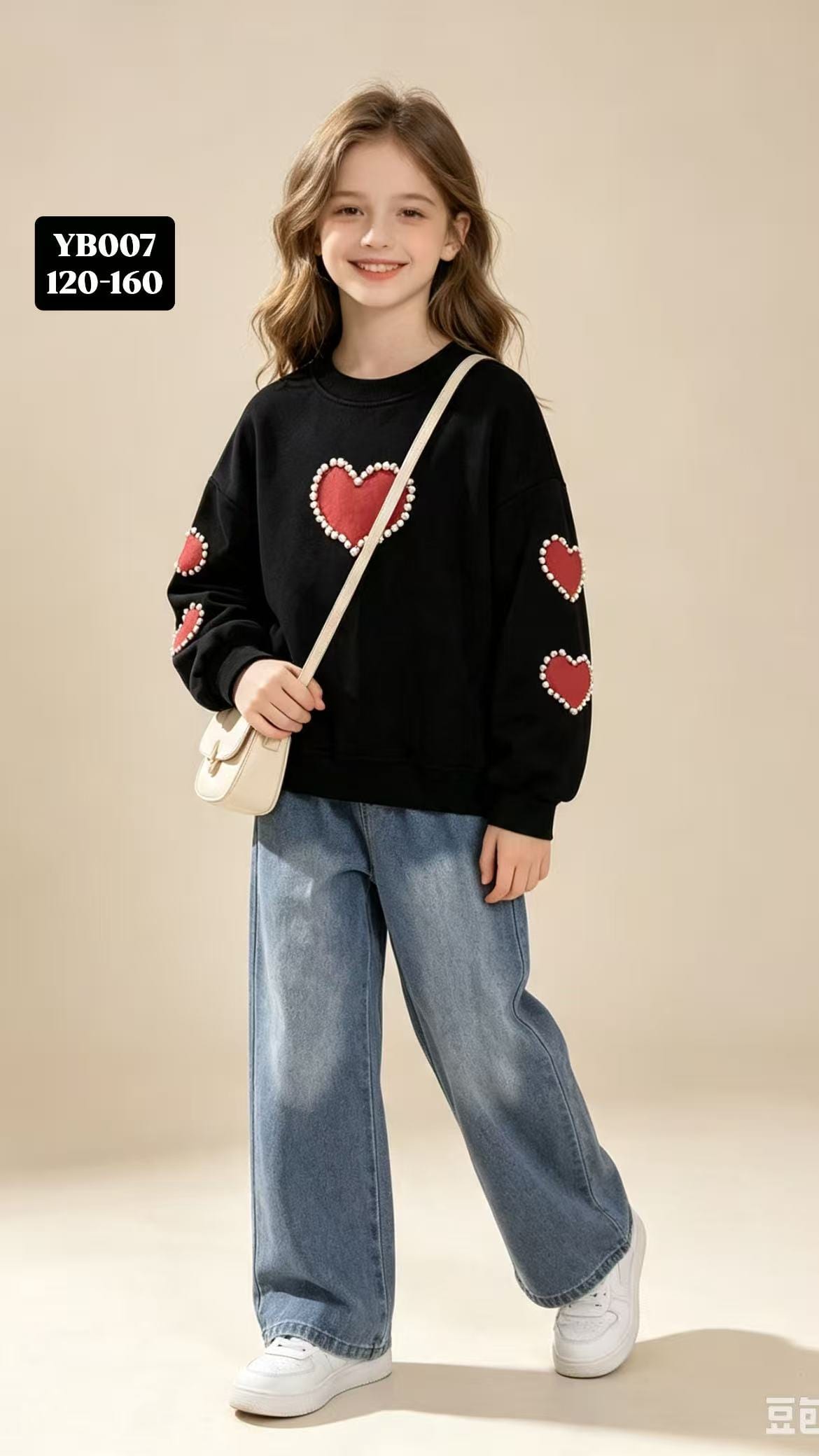Girls' Heart-Appliqué Pearl Sweatshirt & Jeans (Black) — model YB007, Custom Design, size 120-160 — Yubei Apparel wholesale kidswear